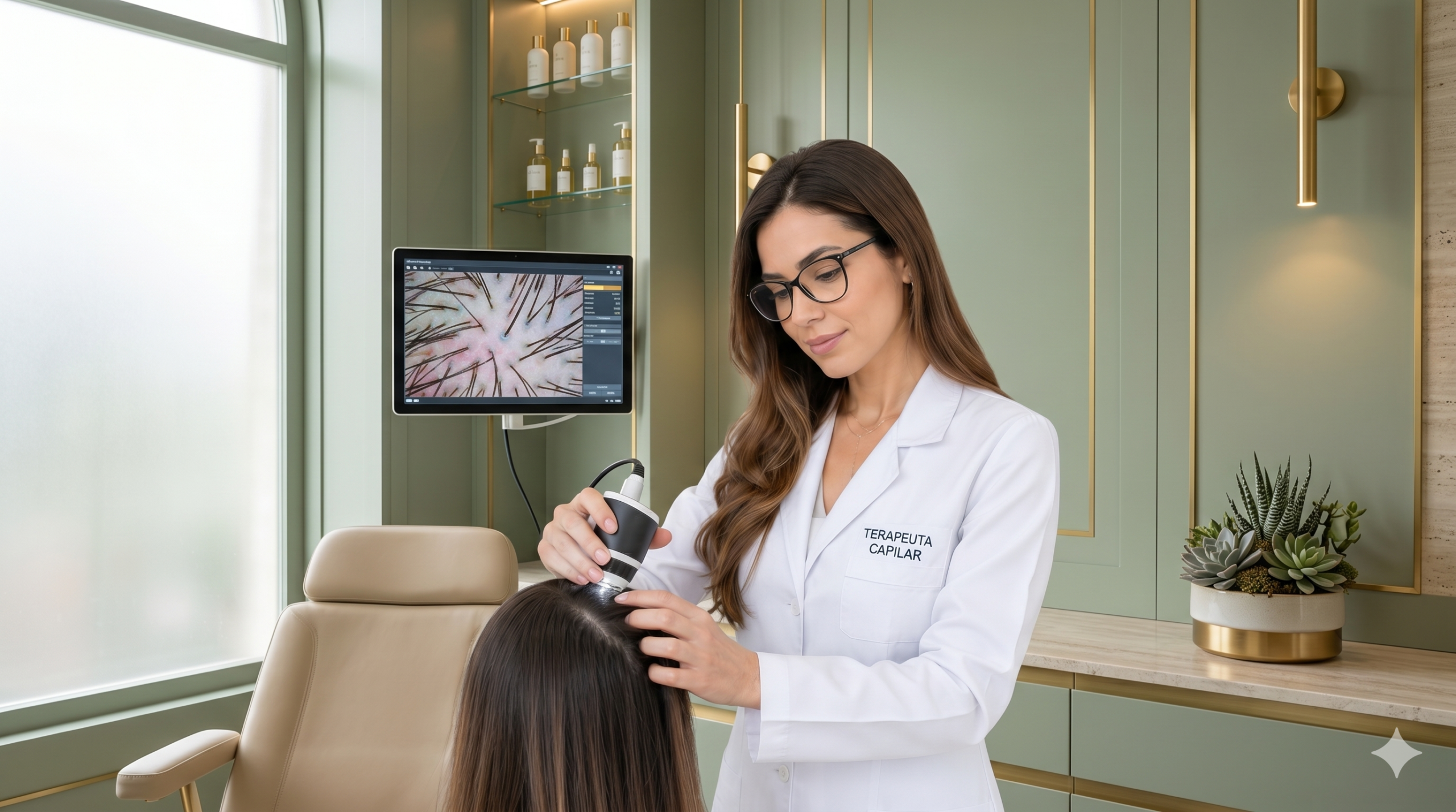 Foto profissional com iluminação suave, mostrando um terapeuta capilar realizando exame de tricoscopia digital no couro cabeludo de uma paciente. Ambiente clínico acolhedor em tons de verde e branco.