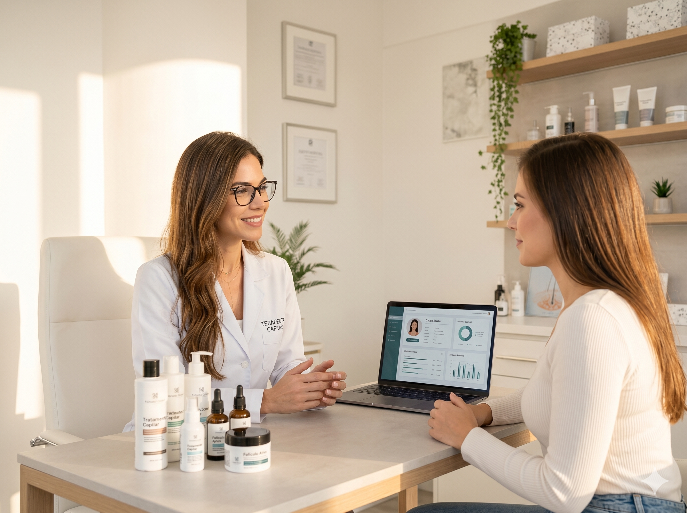 Plano médio de uma consulta acolhedora. Uma terapeuta capilar, vestindo jaleco verde-escuro premium, está sentada conversando calmamente e sorrindo para uma paciente. Elas estão em um consultório moderno e bem iluminado, com prateleiras ao fundo contendo produtos fitoterapêuticos e equipamentos estéticos. A atmosfera é de confiança e profissionalismo.